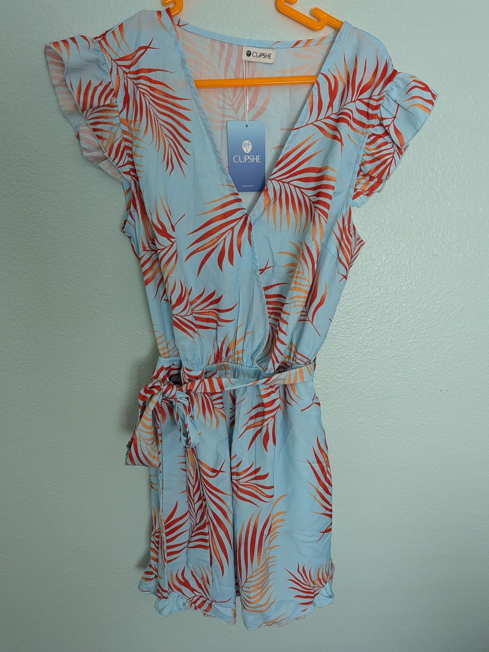 New With Tags! Light Blue Tropical Print Tie-Waist Romper - Picture 2 of 9